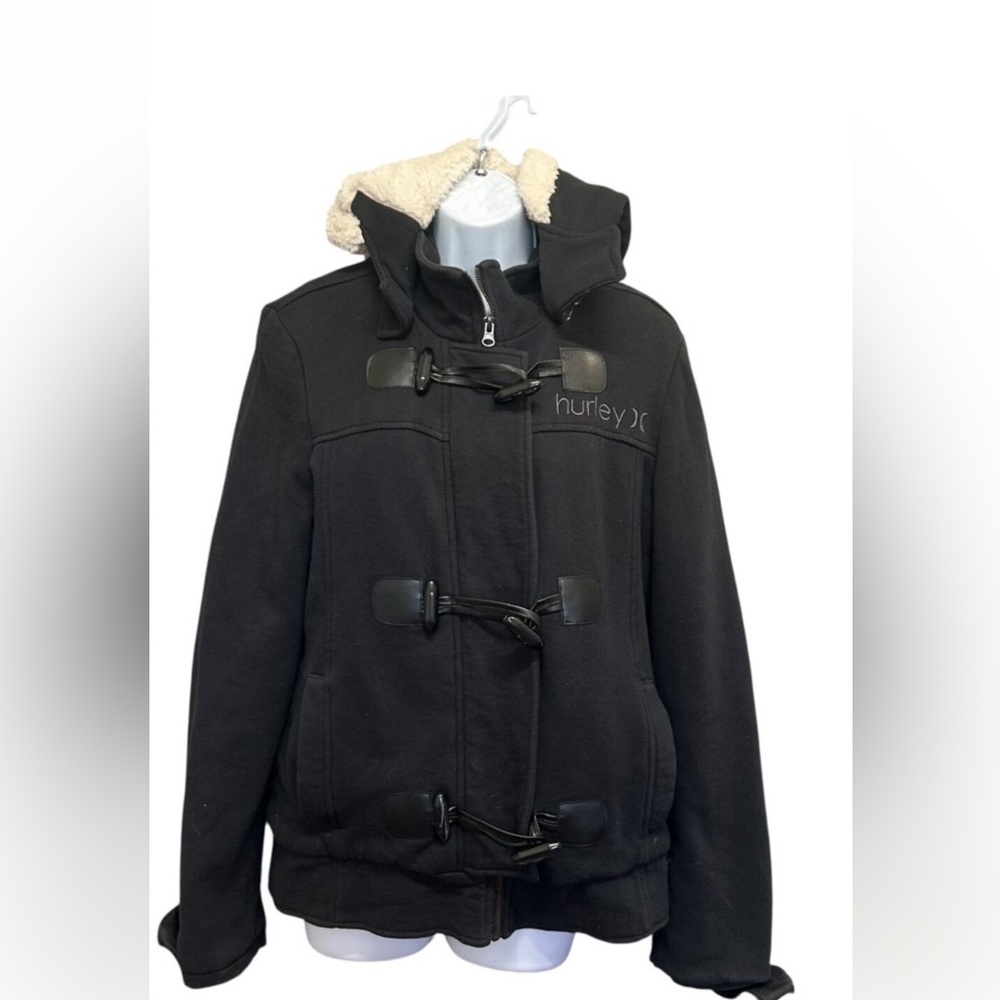 Hurley Black Sherpa Lined Hooded Toggle Duffle Jacket Size XL